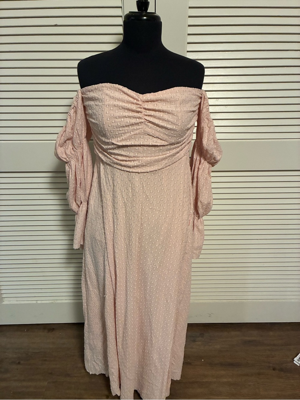 Off-Shoulder Blush Pink Maxi Dress with Textured Dot Fabric